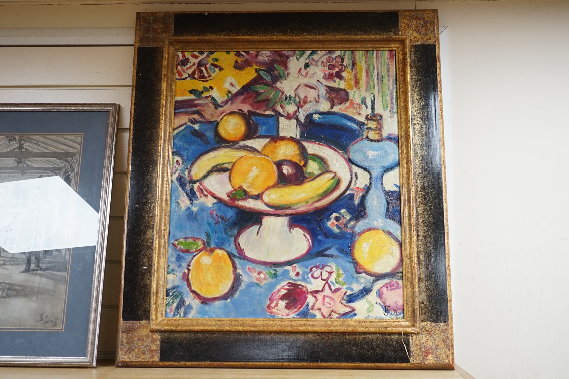 Scottish colourist style, decorative oil on board, Still life of fruit, 60 x 49cm. Condition - good